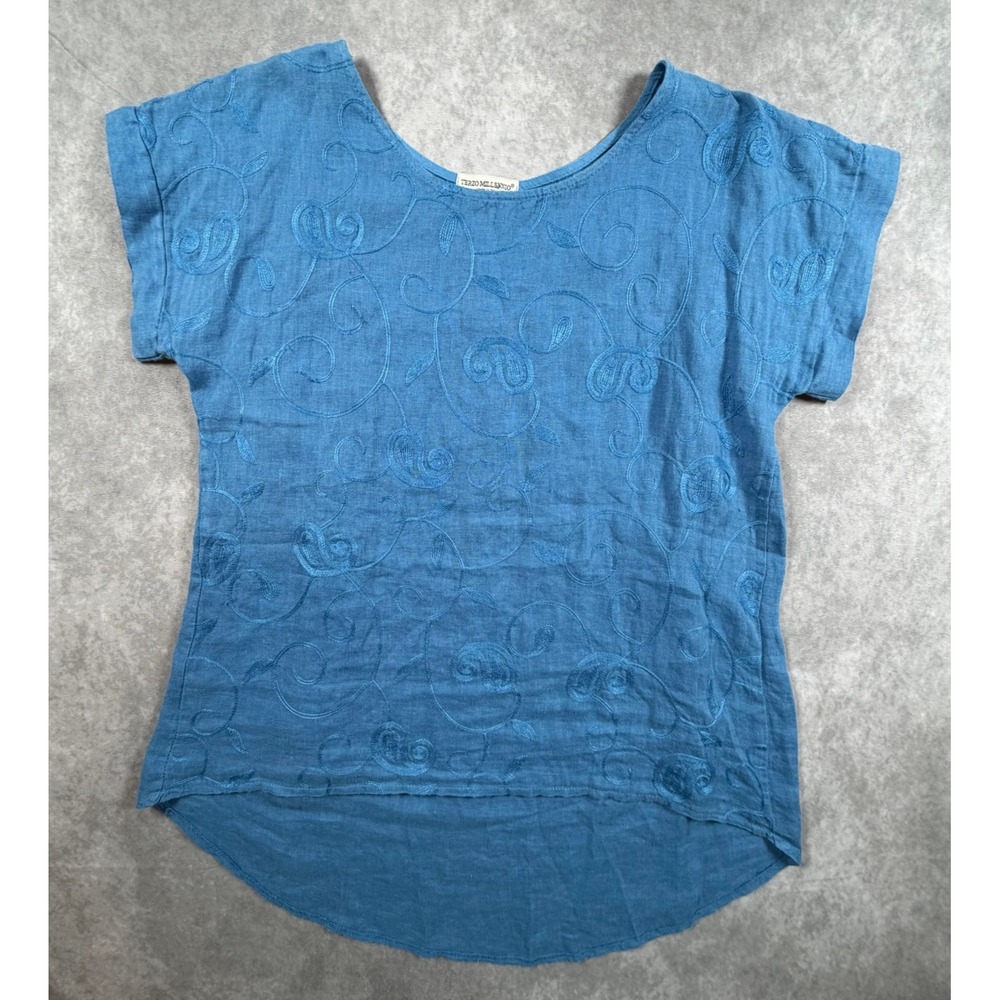 Terzo Millennio Womens Small Blouse Linen Blue Floral Embroidered High Low Italy